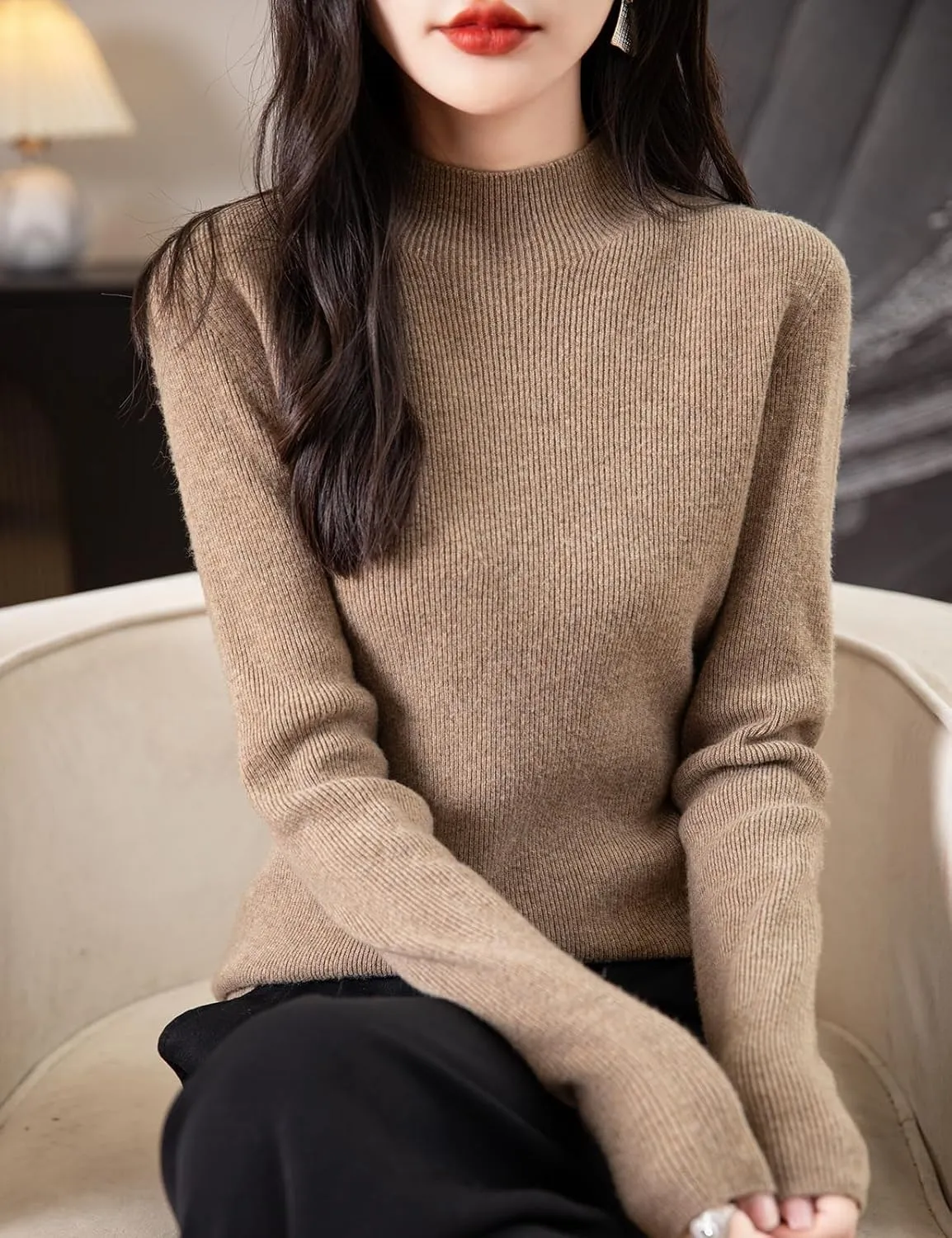 Women's 100% Merino Wool Seamless Sweater Mock Neck First-Line Ready to Wear Long Sleeve Ribbed Knit Pullover