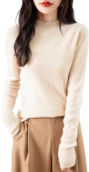 Women's 100% Merino Wool Seamless Sweater Mock Neck First-Line Ready to Wear Long Sleeve Ribbed Knit Pullover