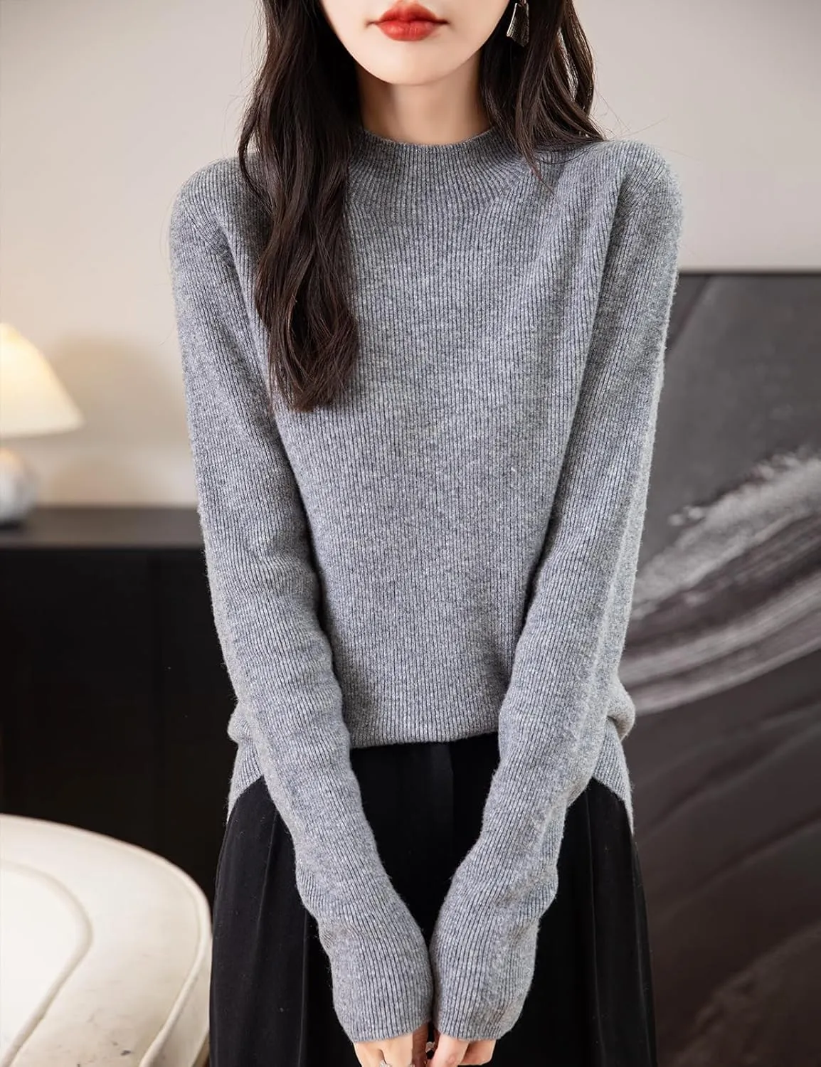 Women's 100% Merino Wool Seamless Sweater Mock Neck First-Line Ready to Wear Long Sleeve Ribbed Knit Pullover