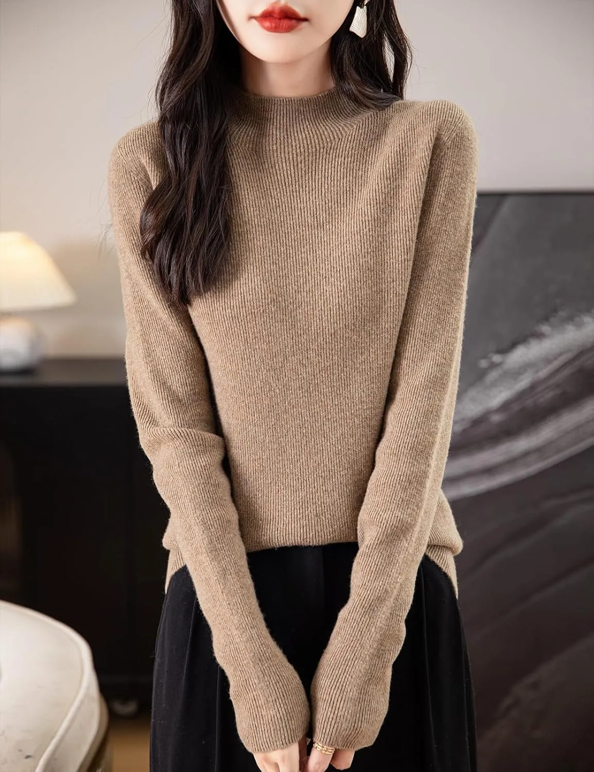 Women's 100% Merino Wool Seamless Sweater Mock Neck First-Line Ready to Wear Long Sleeve Ribbed Knit Pullover