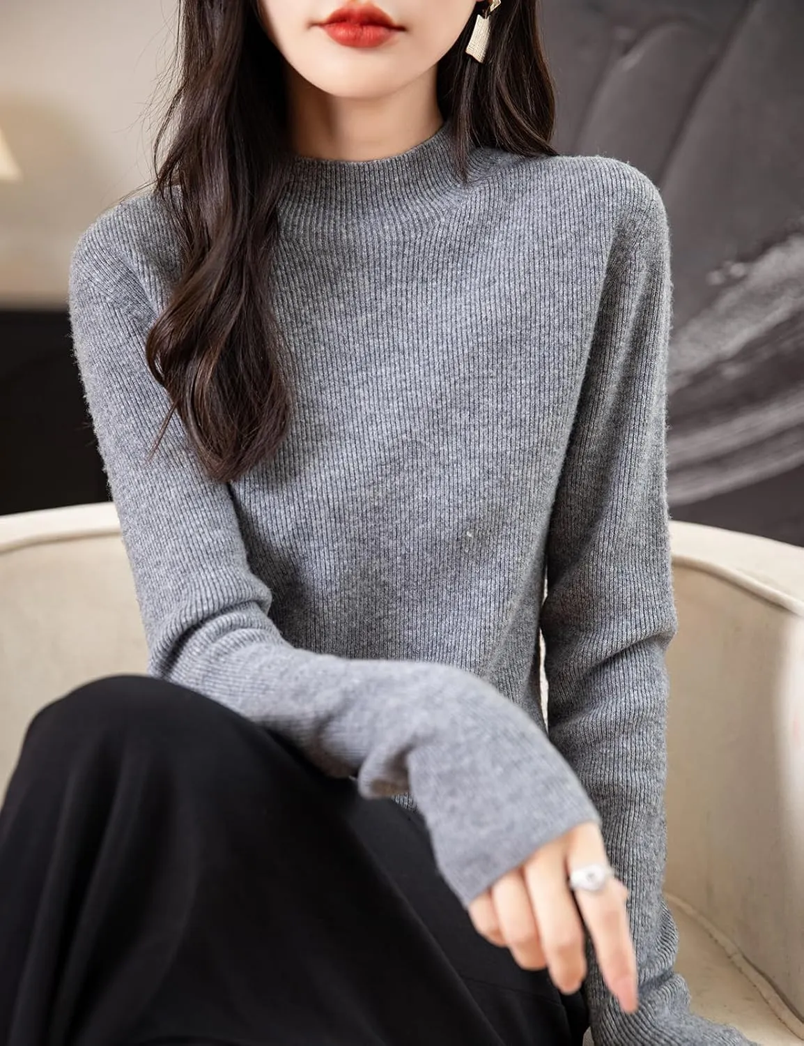Women's 100% Merino Wool Seamless Sweater Mock Neck First-Line Ready to Wear Long Sleeve Ribbed Knit Pullover
