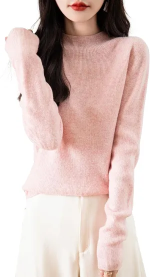 Women's 100% Merino Wool Seamless Sweater Mock Neck First-Line Ready to Wear Long Sleeve Ribbed Knit Pullover