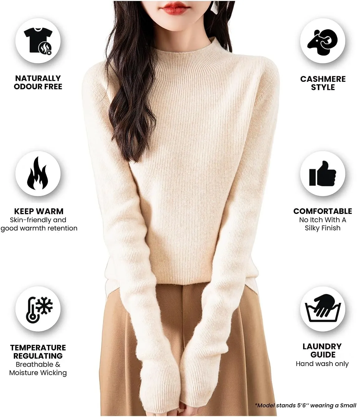 Women's 100% Merino Wool Seamless Sweater Mock Neck First-Line Ready to Wear Long Sleeve Ribbed Knit Pullover