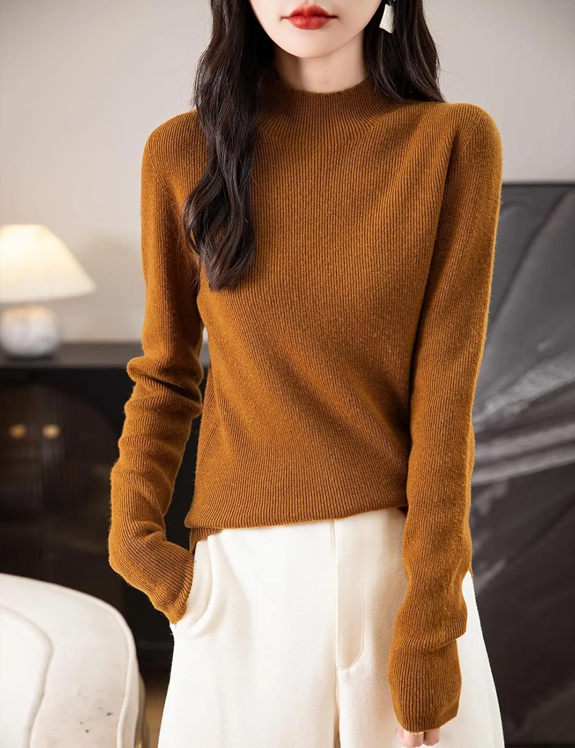 Women's 100% Merino Wool Seamless Sweater Mock Neck First-Line Ready to Wear Long Sleeve Ribbed Knit Pullover