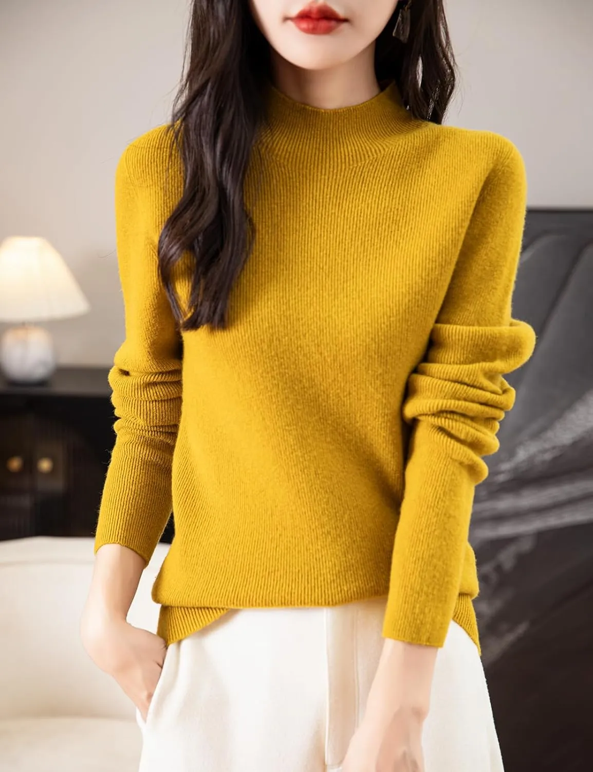 Women's 100% Merino Wool Seamless Sweater Mock Neck First-Line Ready to Wear Long Sleeve Ribbed Knit Pullover
