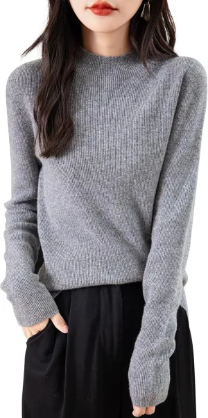 Women's 100% Merino Wool Seamless Sweater Mock Neck First-Line Ready to Wear Long Sleeve Ribbed Knit Pullover