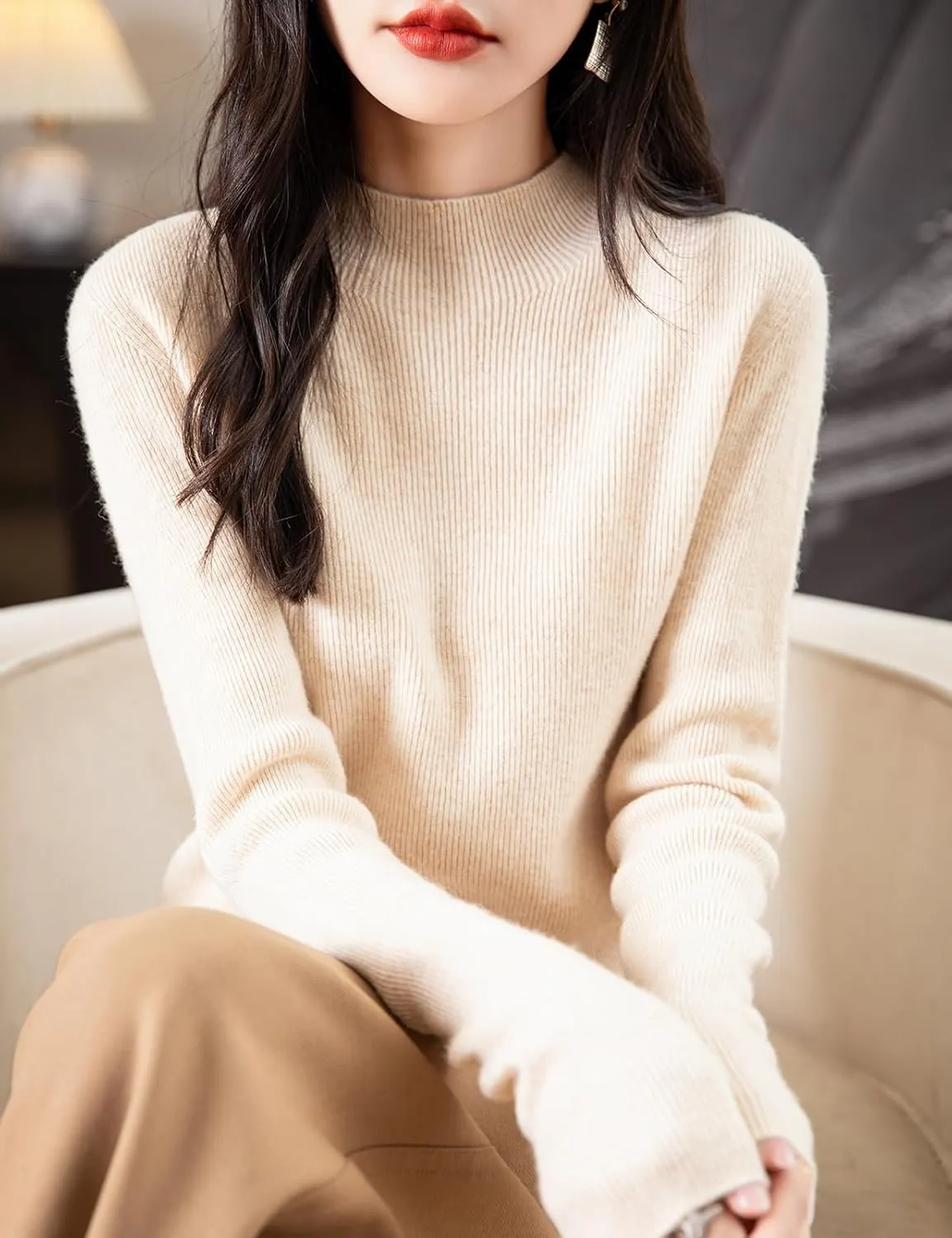 Women's 100% Merino Wool Seamless Sweater Mock Neck First-Line Ready to Wear Long Sleeve Ribbed Knit Pullover