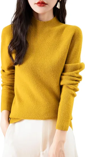 Women's 100% Merino Wool Seamless Sweater Mock Neck First-Line Ready to Wear Long Sleeve Ribbed Knit Pullover