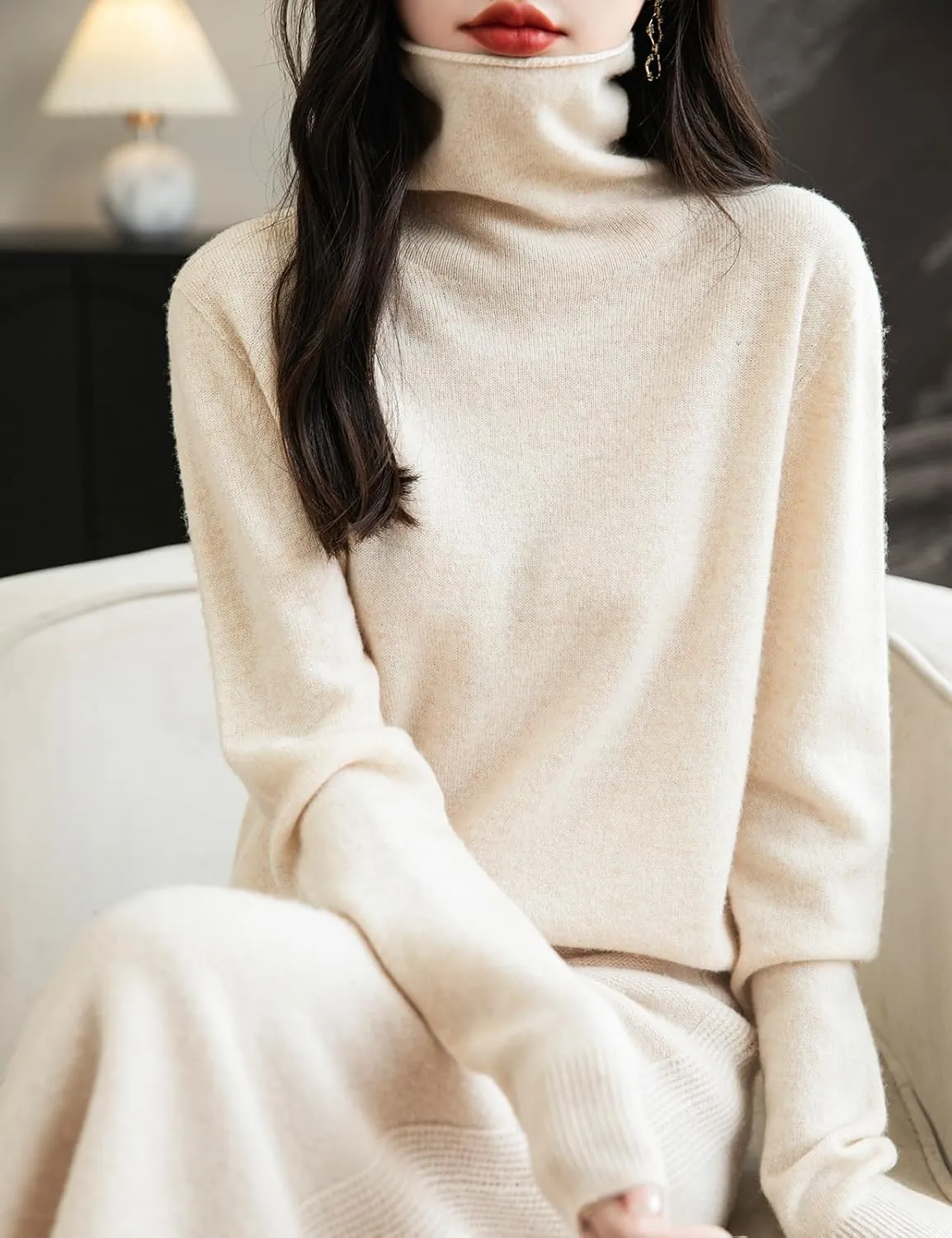 Women's 100% Merino Wool Seamless Sweater Turtleneck First-Line Ready to Wear Long Sleeve Knitted Pullover Tops
