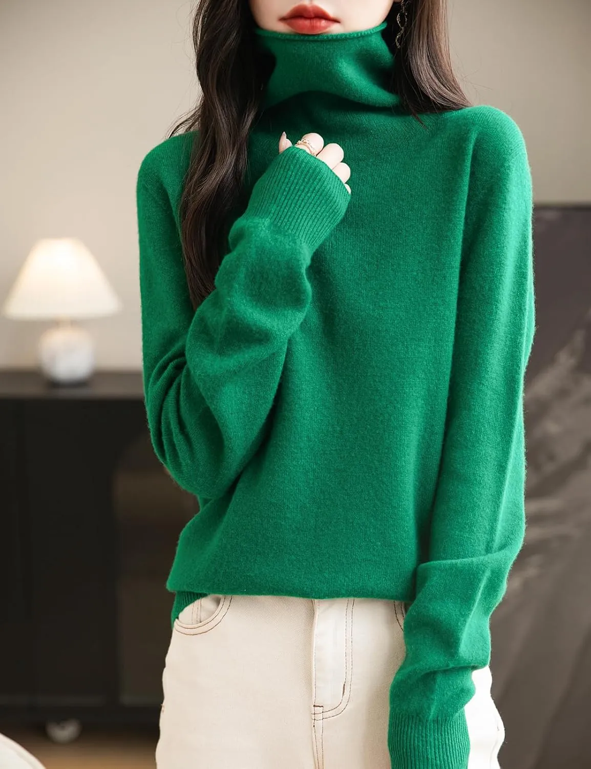 Women's 100% Merino Wool Seamless Sweater Turtleneck First-Line Ready to Wear Long Sleeve Knitted Pullover Tops