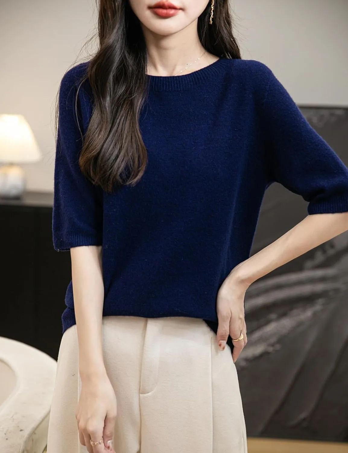 Women's 100% Merino Wool Spring Fall Winter First-Line Ready to Wear Seamless Knit Crewneck Short Sleeve Sweater