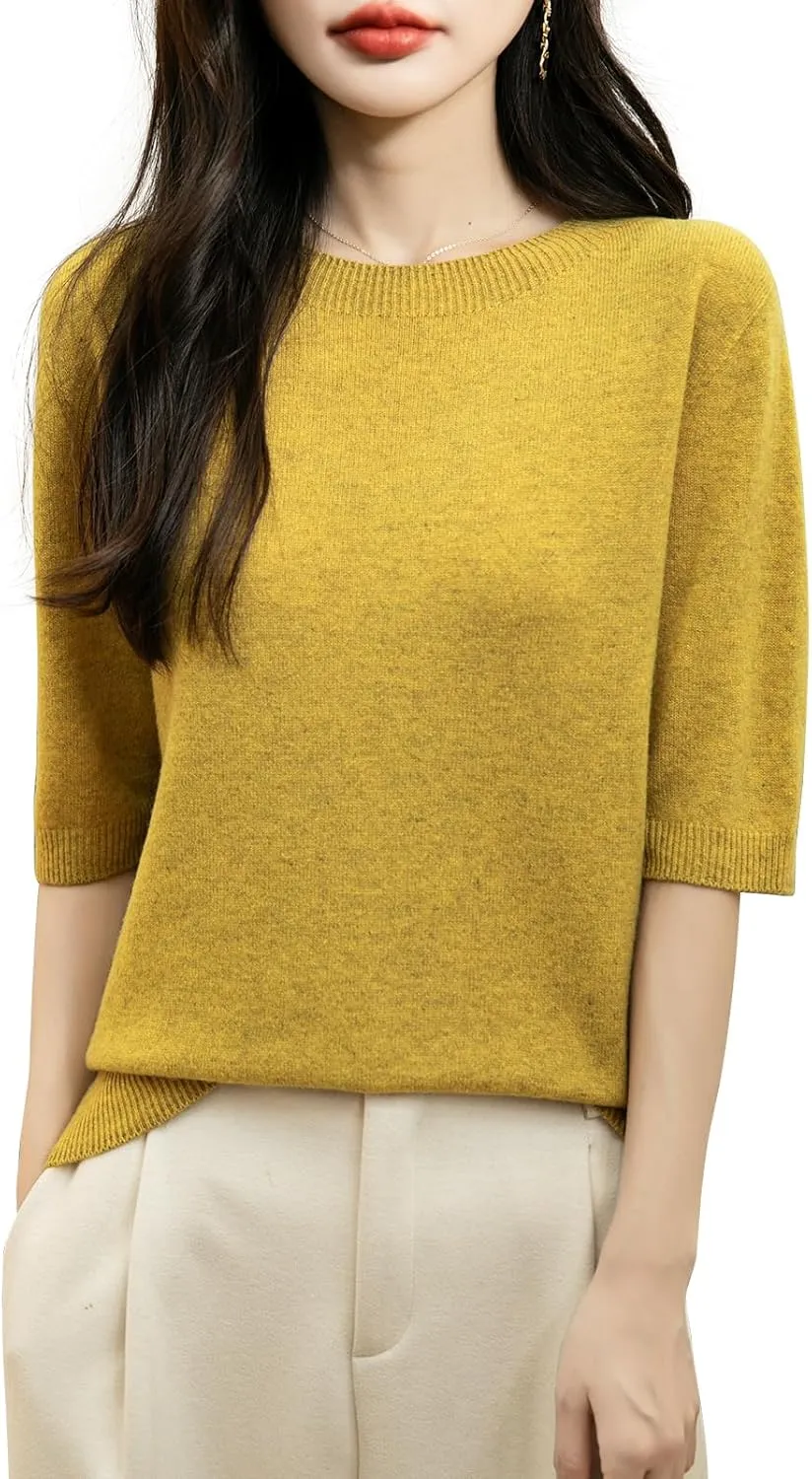 Women's 100% Merino Wool Spring Fall Winter First-Line Ready to Wear Seamless Knit Crewneck Short Sleeve Sweater
