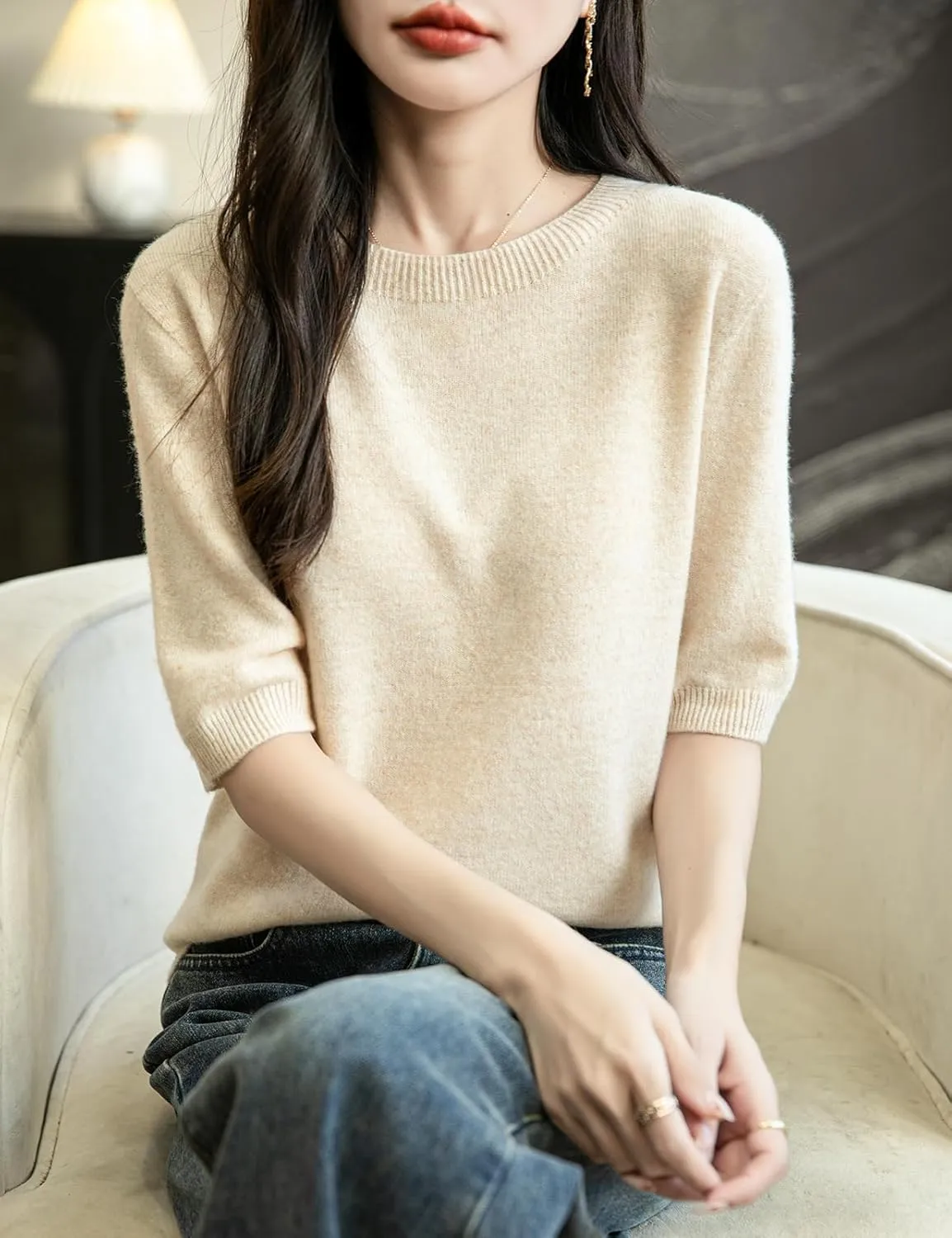 Women's 100% Merino Wool Spring Fall Winter First-Line Ready to Wear Seamless Knit Crewneck Short Sleeve Sweater
