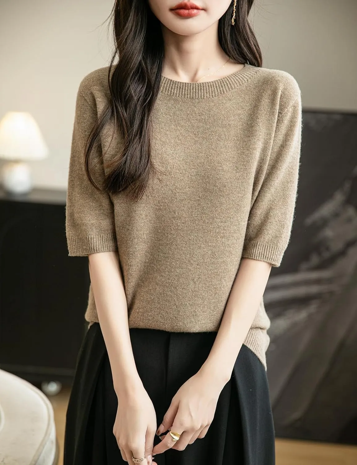 Women's 100% Merino Wool Spring Fall Winter First-Line Ready to Wear Seamless Knit Crewneck Short Sleeve Sweater