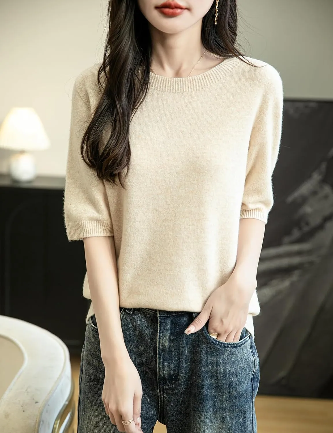 Women's 100% Merino Wool Spring Fall Winter First-Line Ready to Wear Seamless Knit Crewneck Short Sleeve Sweater