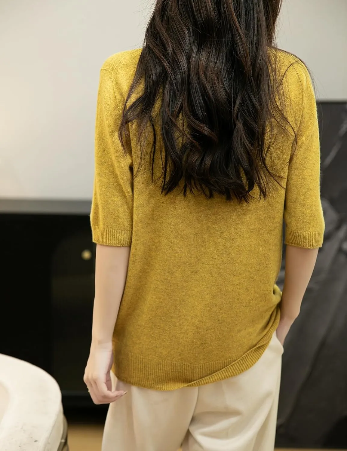 Women's 100% Merino Wool Spring Fall Winter First-Line Ready to Wear Seamless Knit Crewneck Short Sleeve Sweater
