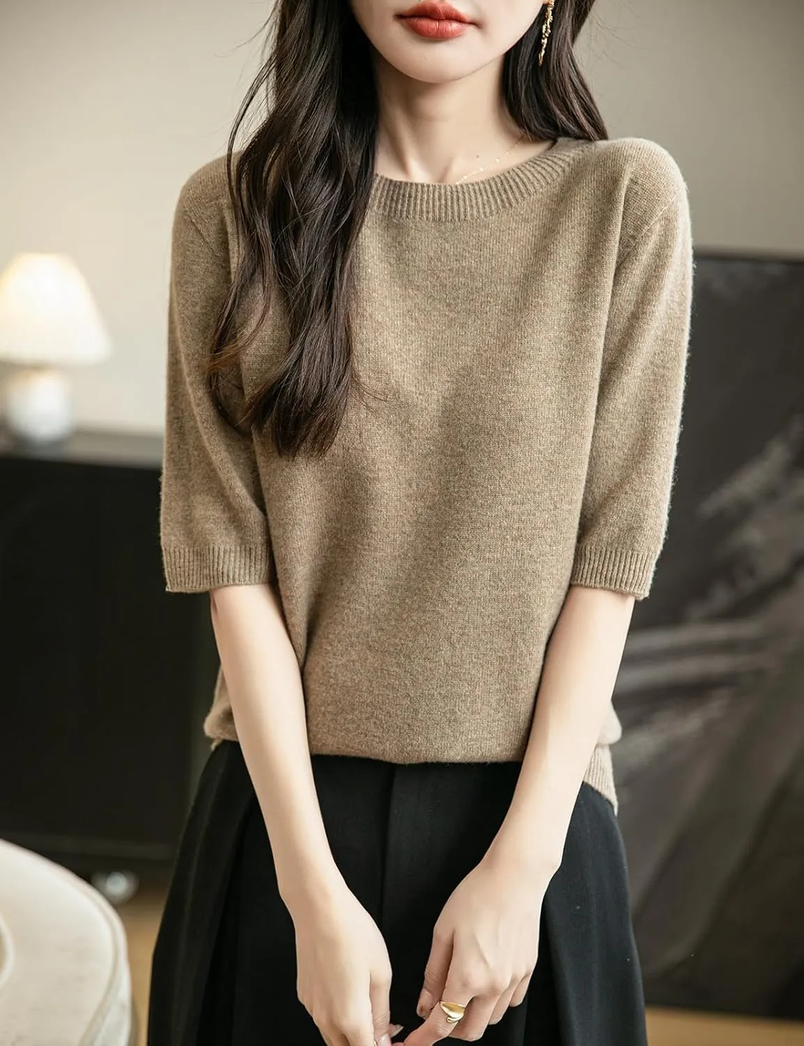 Women's 100% Merino Wool Spring Fall Winter First-Line Ready to Wear Seamless Knit Crewneck Short Sleeve Sweater