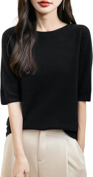Women's 100% Merino Wool Spring Fall Winter First-Line Ready to Wear Seamless Knit Crewneck Short Sleeve Sweater