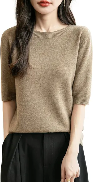 Women's 100% Merino Wool Spring Fall Winter First-Line Ready to Wear Seamless Knit Crewneck Short Sleeve Sweater