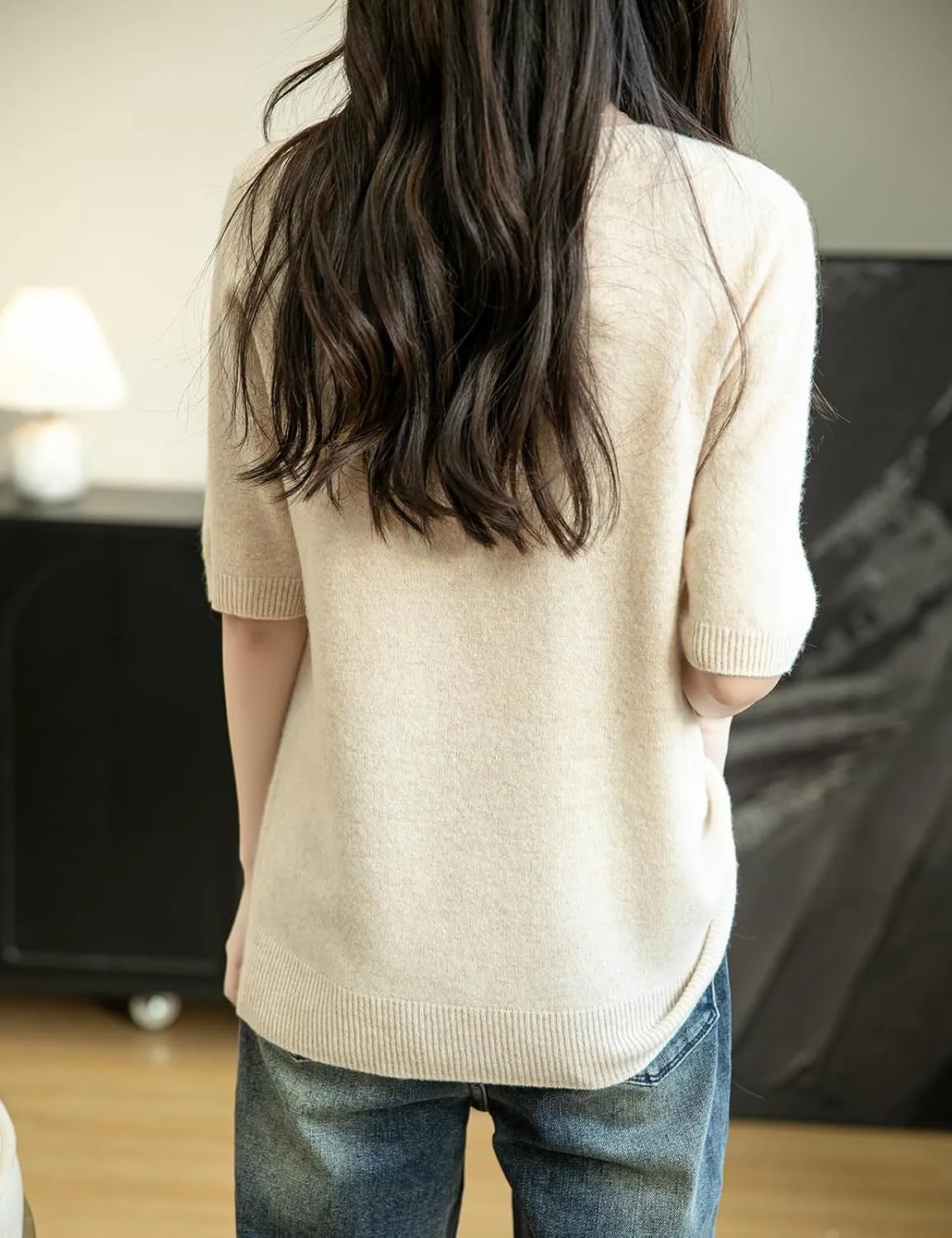 Women's 100% Merino Wool Spring Fall Winter First-Line Ready to Wear Seamless Knit Crewneck Short Sleeve Sweater