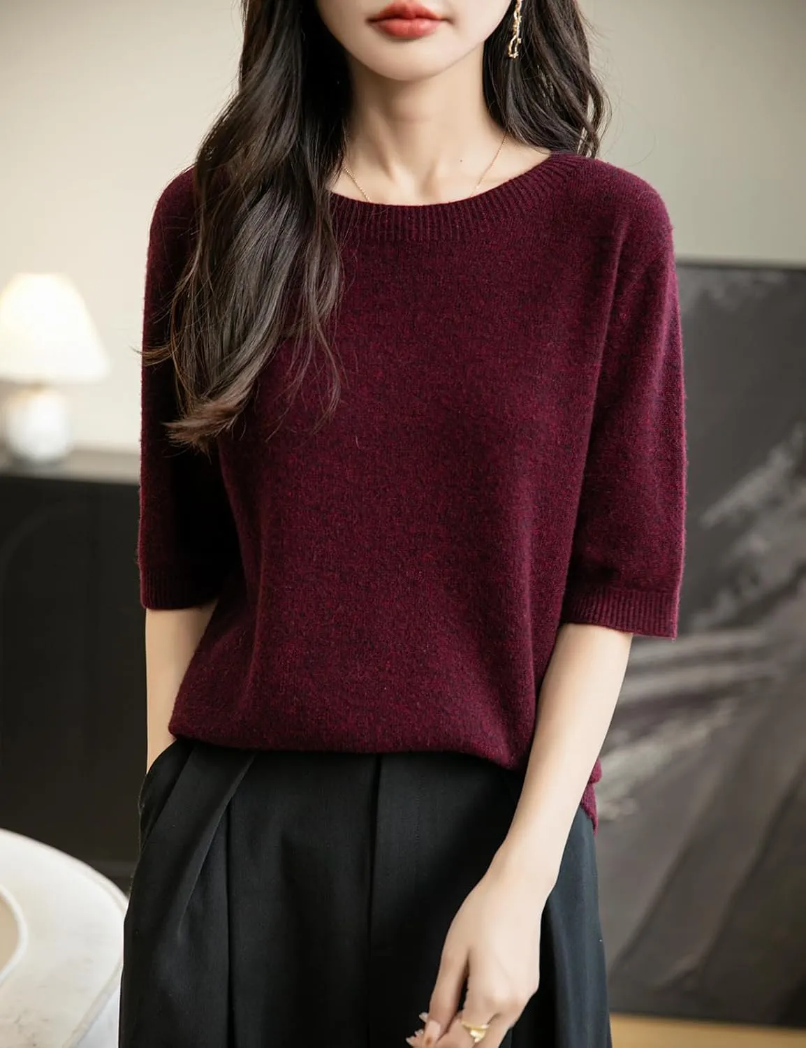 Women's 100% Merino Wool Spring Fall Winter First-Line Ready to Wear Seamless Knit Crewneck Short Sleeve Sweater