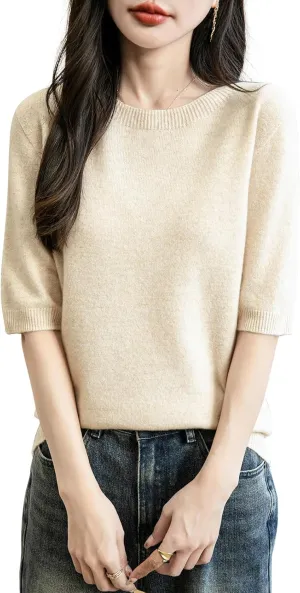 Women's 100% Merino Wool Spring Fall Winter First-Line Ready to Wear Seamless Knit Crewneck Short Sleeve Sweater