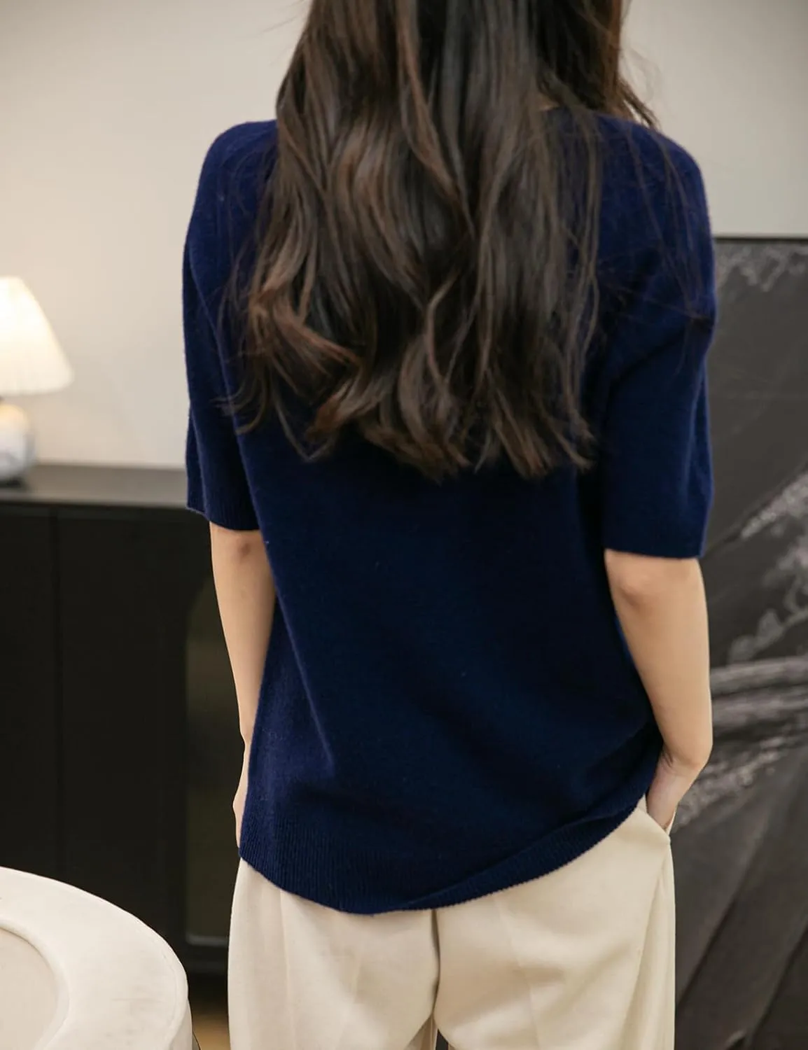 Women's 100% Merino Wool Spring Fall Winter First-Line Ready to Wear Seamless Knit Crewneck Short Sleeve Sweater