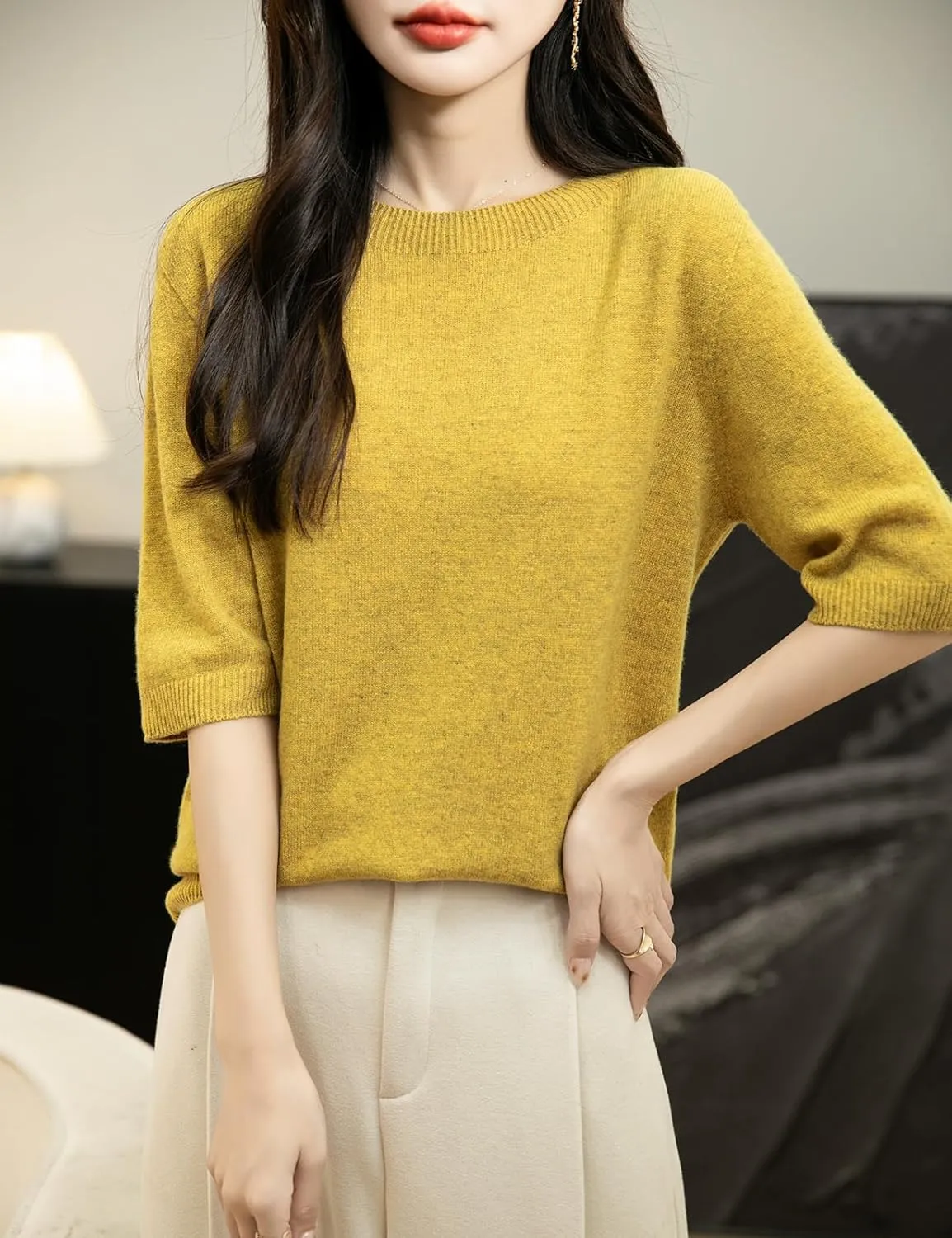 Women's 100% Merino Wool Spring Fall Winter First-Line Ready to Wear Seamless Knit Crewneck Short Sleeve Sweater