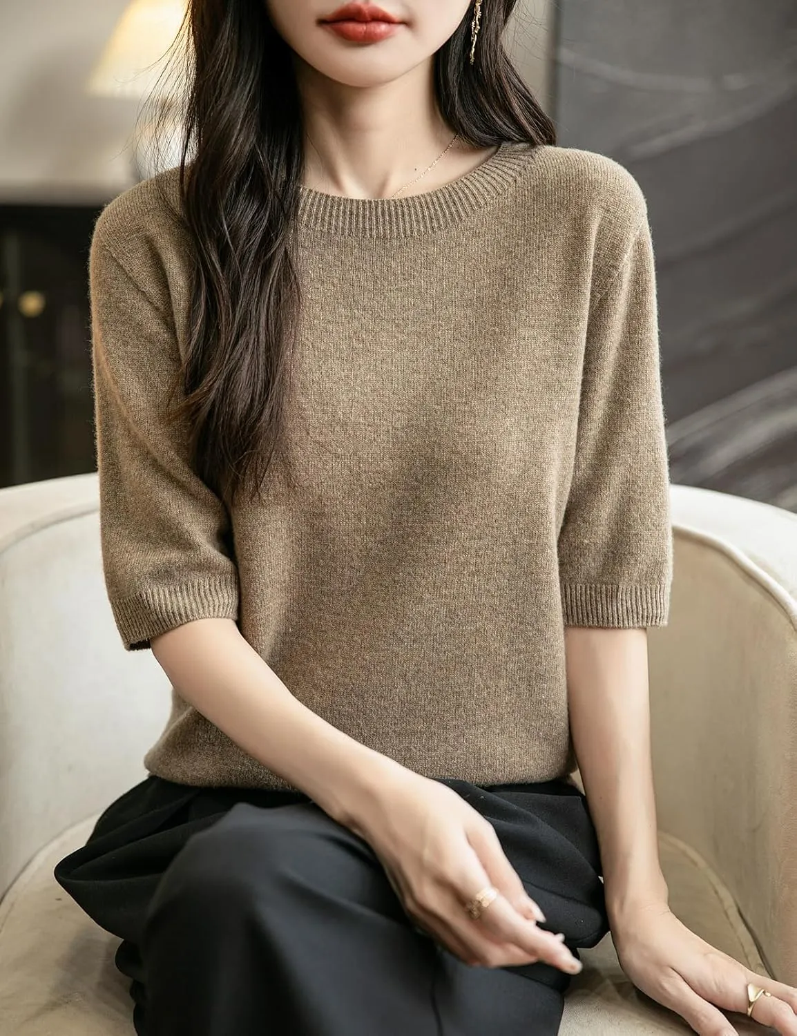 Women's 100% Merino Wool Spring Fall Winter First-Line Ready to Wear Seamless Knit Crewneck Short Sleeve Sweater