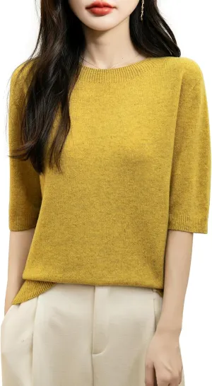 Women's 100% Merino Wool Spring Fall Winter First-Line Ready to Wear Seamless Knit Crewneck Short Sleeve Sweater
