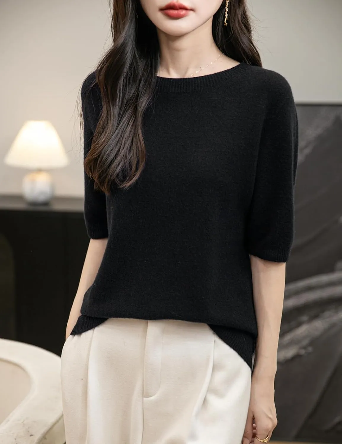 Women's 100% Merino Wool Spring Fall Winter First-Line Ready to Wear Seamless Knit Crewneck Short Sleeve Sweater