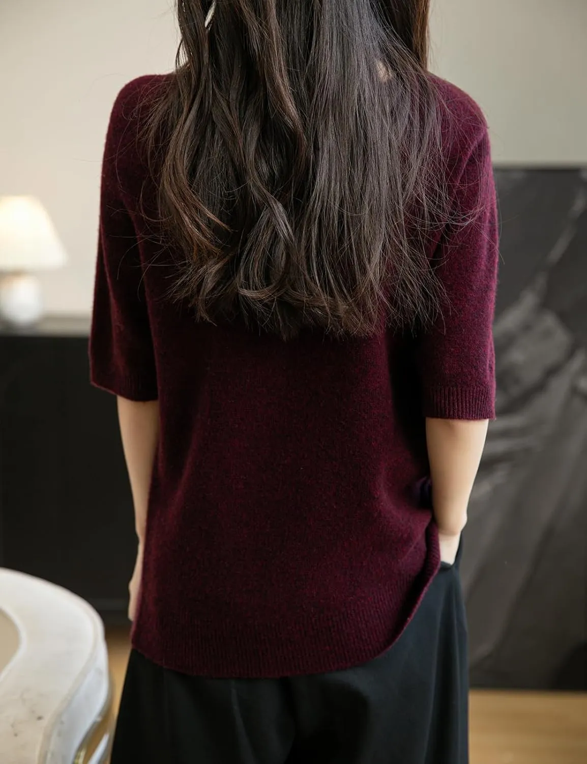 Women's 100% Merino Wool Spring Fall Winter First-Line Ready to Wear Seamless Knit Crewneck Short Sleeve Sweater