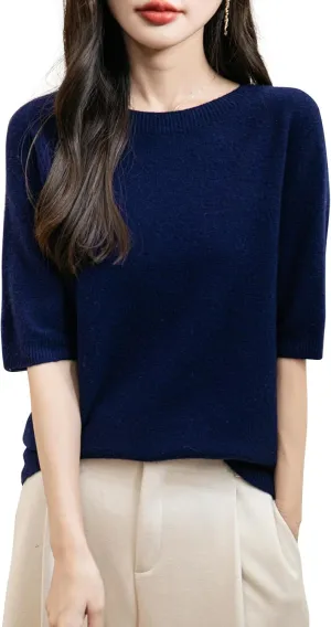 Women's 100% Merino Wool Spring Fall Winter First-Line Ready to Wear Seamless Knit Crewneck Short Sleeve Sweater