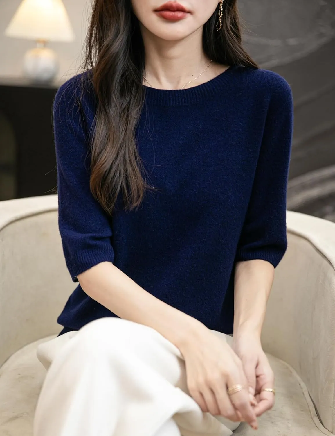Women's 100% Merino Wool Spring Fall Winter First-Line Ready to Wear Seamless Knit Crewneck Short Sleeve Sweater