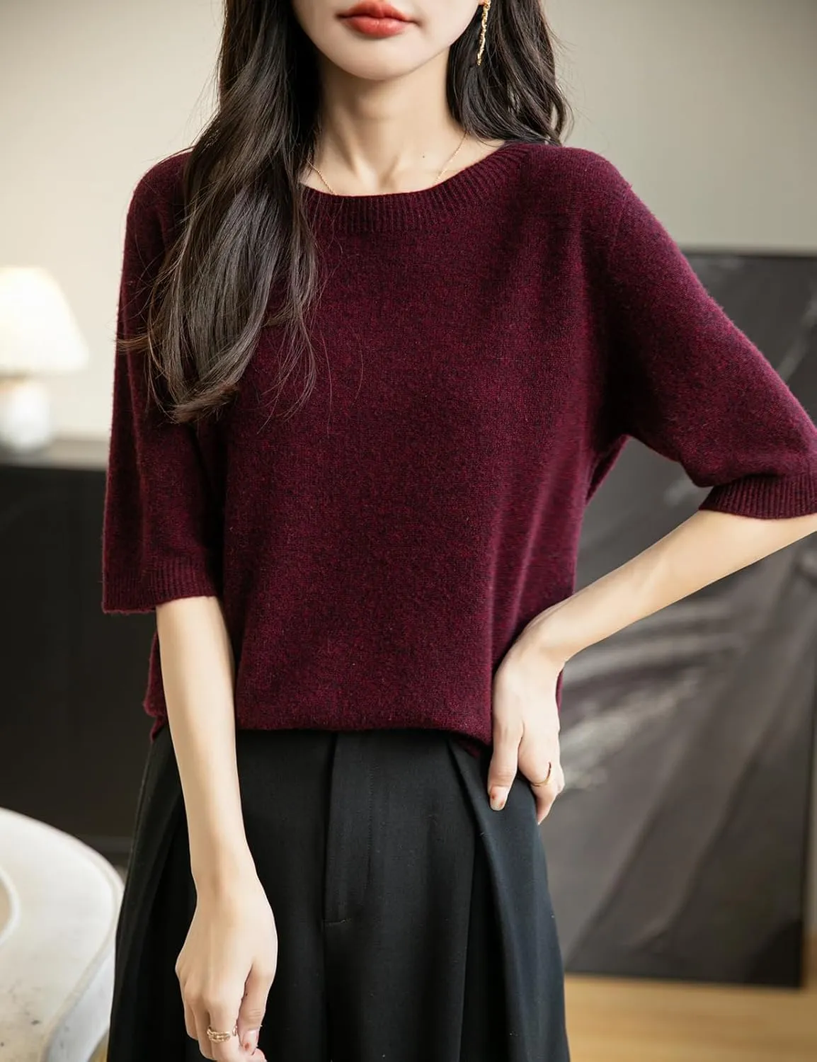 Women's 100% Merino Wool Spring Fall Winter First-Line Ready to Wear Seamless Knit Crewneck Short Sleeve Sweater