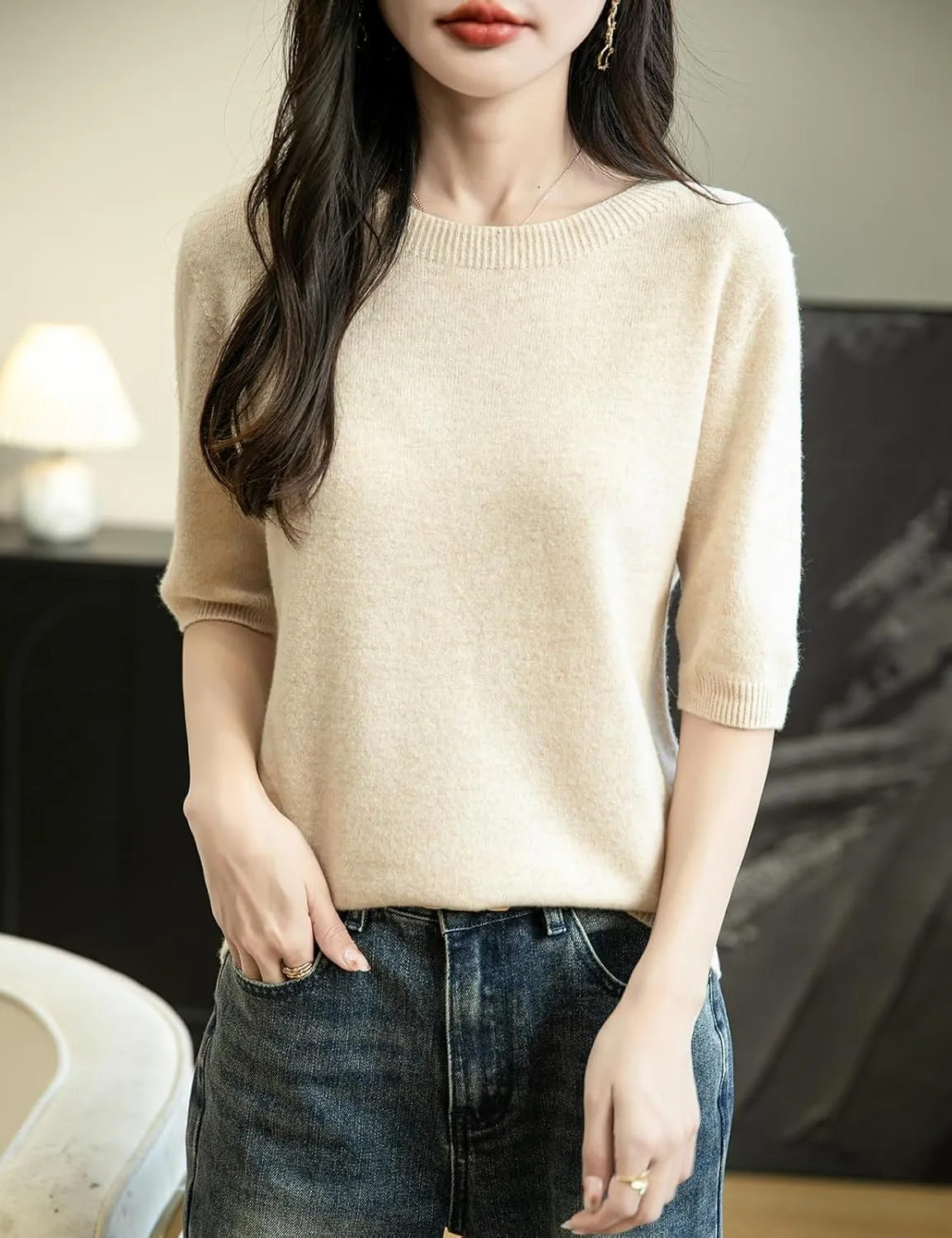 Women's 100% Merino Wool Spring Fall Winter First-Line Ready to Wear Seamless Knit Crewneck Short Sleeve Sweater