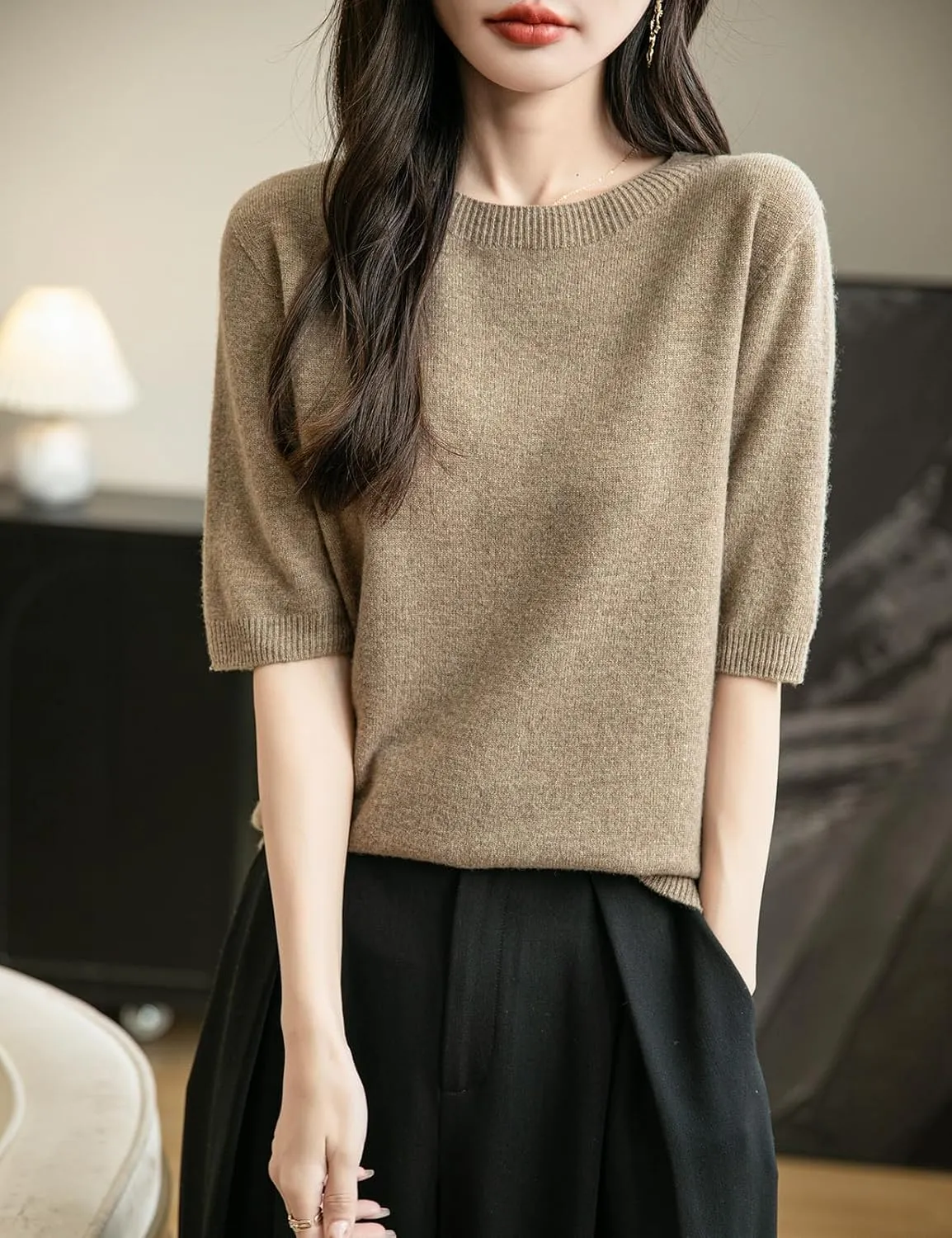 Women's 100% Merino Wool Spring Fall Winter First-Line Ready to Wear Seamless Knit Crewneck Short Sleeve Sweater