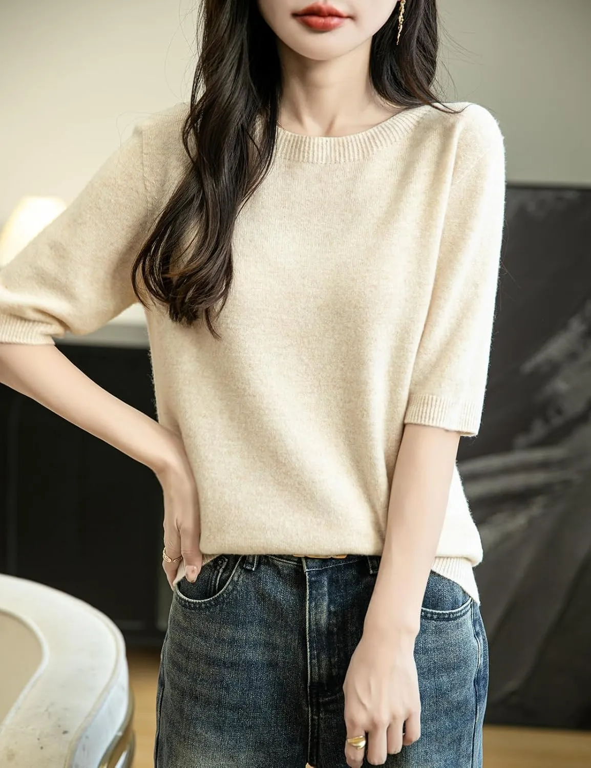Women's 100% Merino Wool Spring Fall Winter First-Line Ready to Wear Seamless Knit Crewneck Short Sleeve Sweater