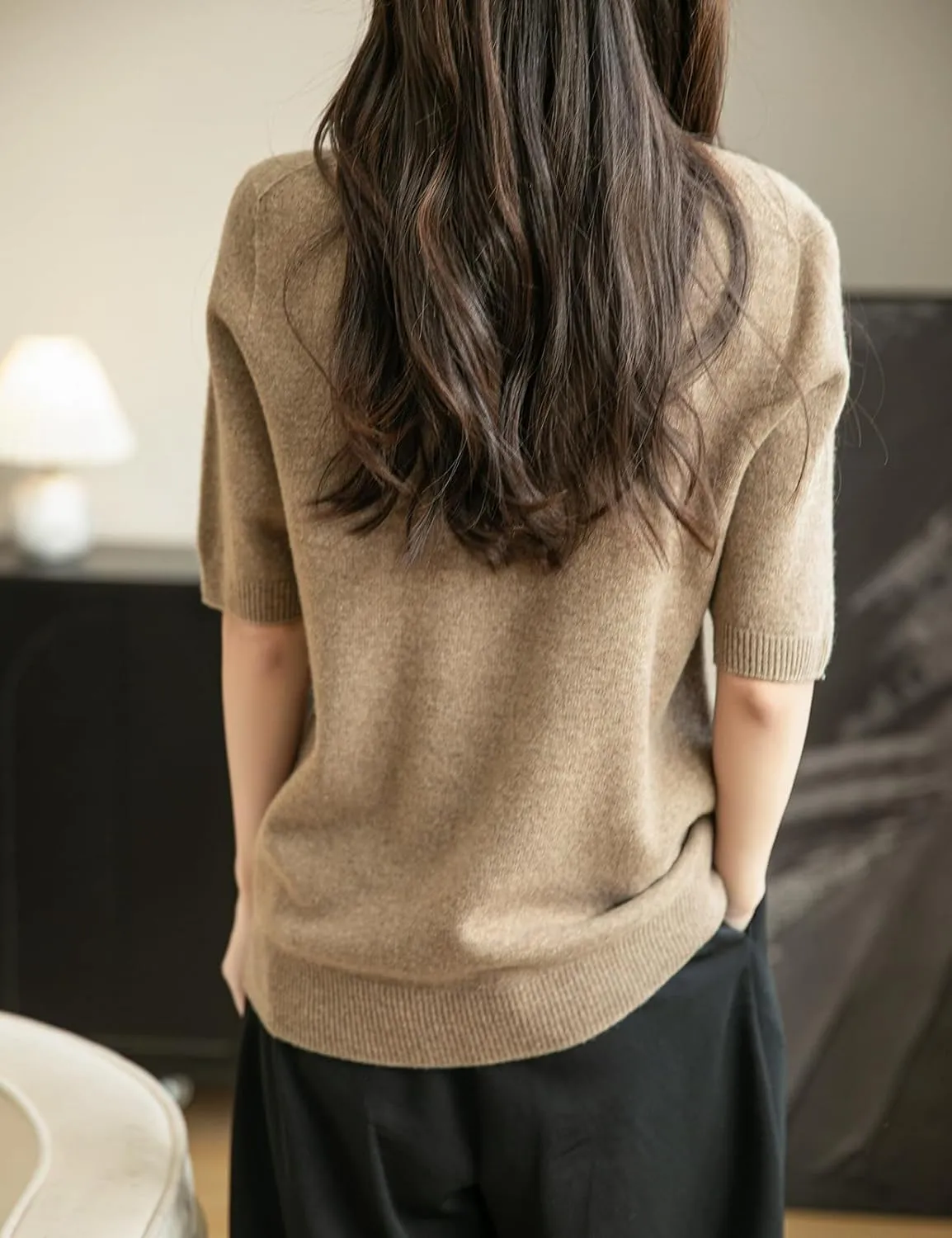 Women's 100% Merino Wool Spring Fall Winter First-Line Ready to Wear Seamless Knit Crewneck Short Sleeve Sweater