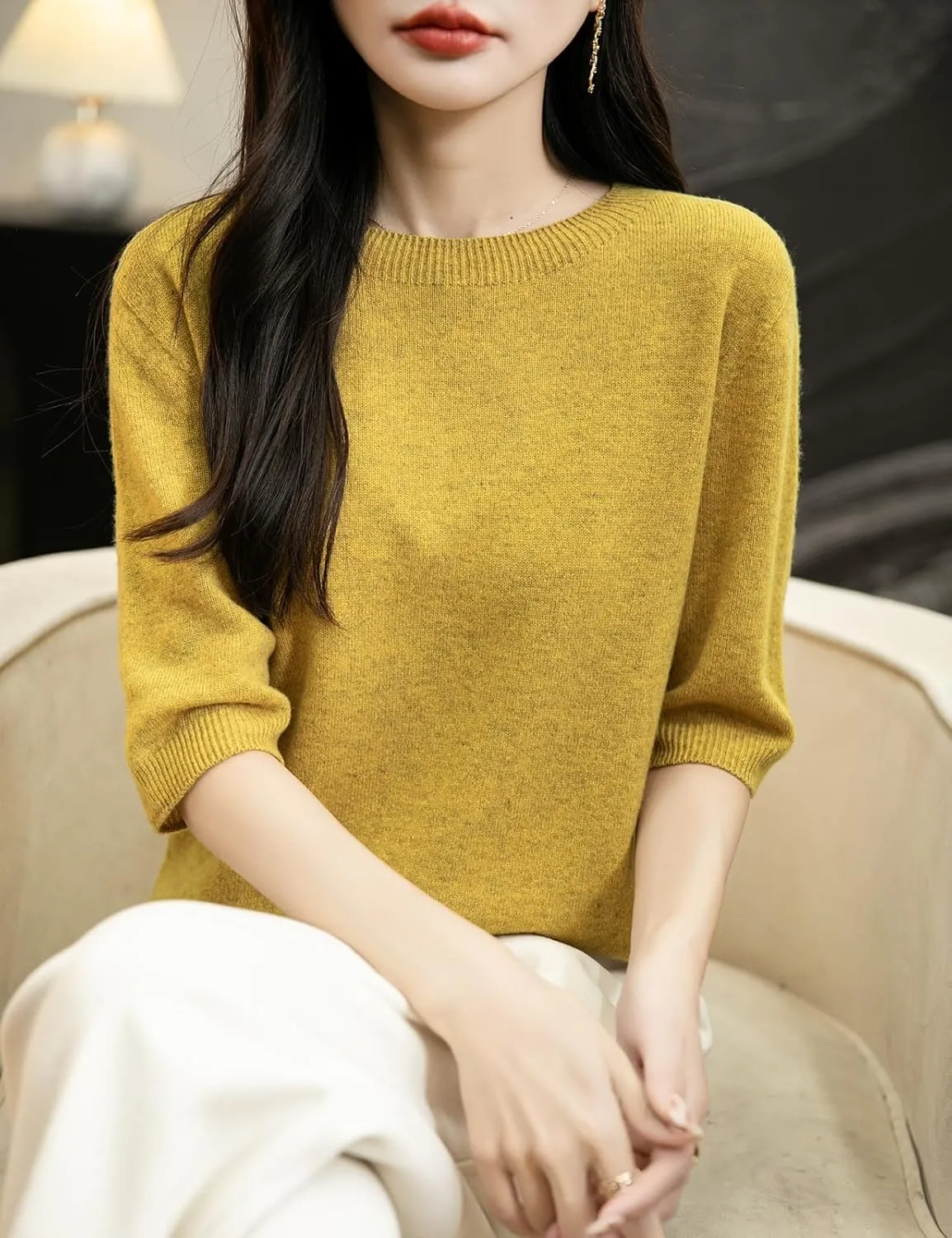 Women's 100% Merino Wool Spring Fall Winter First-Line Ready to Wear Seamless Knit Crewneck Short Sleeve Sweater
