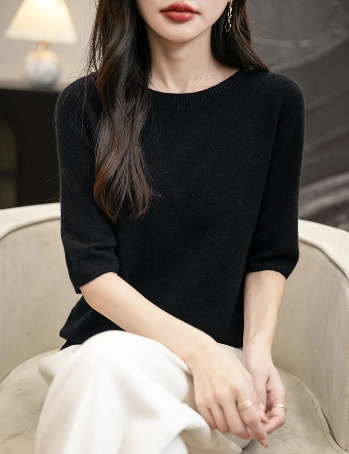 Women's 100% Merino Wool Spring Fall Winter First-Line Ready to Wear Seamless Knit Crewneck Short Sleeve Sweater