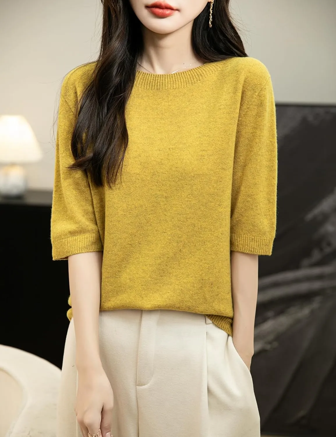 Women's 100% Merino Wool Spring Fall Winter First-Line Ready to Wear Seamless Knit Crewneck Short Sleeve Sweater