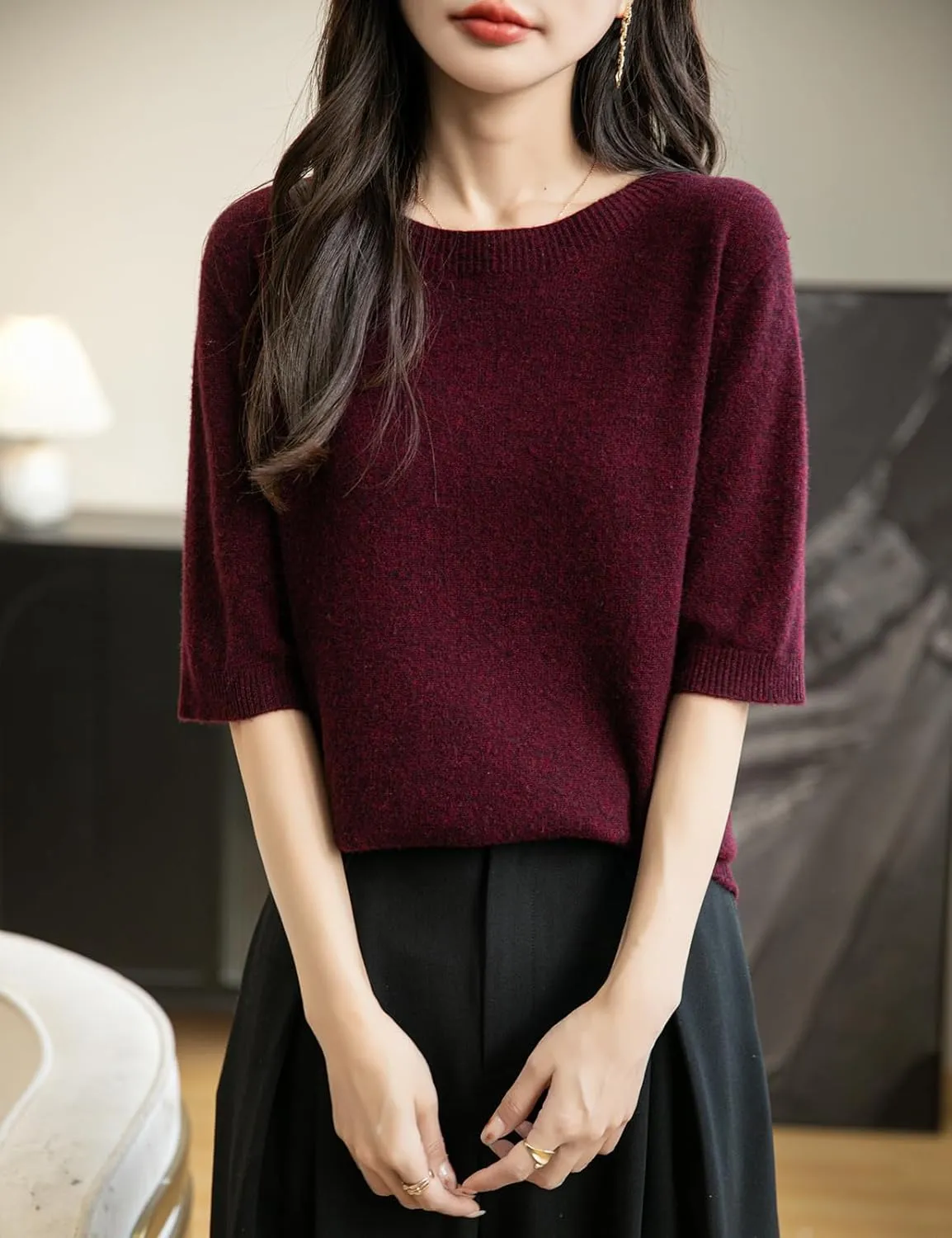 Women's 100% Merino Wool Spring Fall Winter First-Line Ready to Wear Seamless Knit Crewneck Short Sleeve Sweater