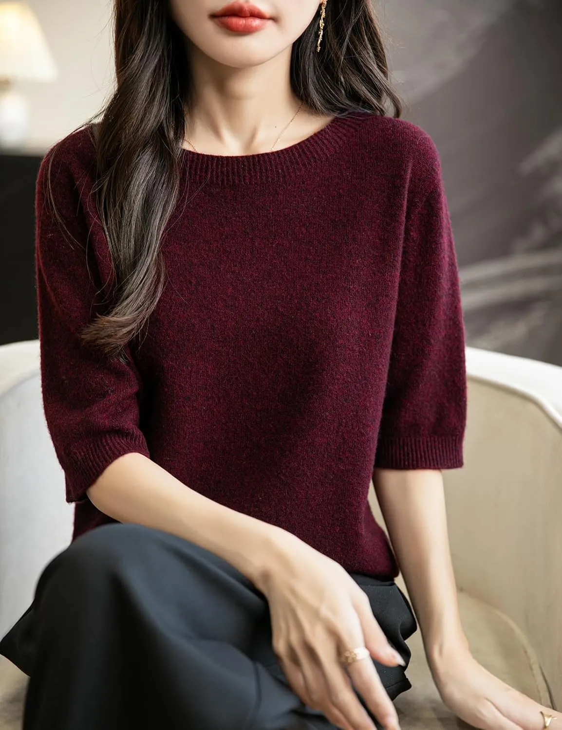 Women's 100% Merino Wool Spring Fall Winter First-Line Ready to Wear Seamless Knit Crewneck Short Sleeve Sweater