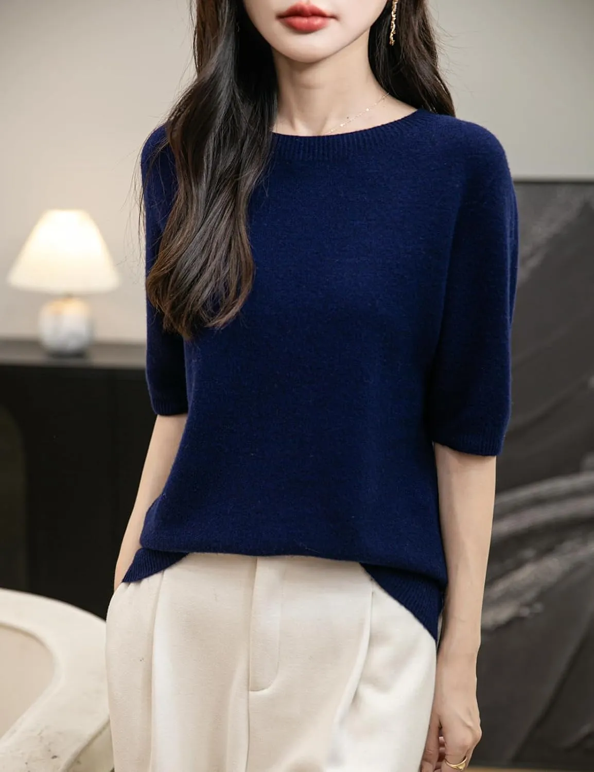 Women's 100% Merino Wool Spring Fall Winter First-Line Ready to Wear Seamless Knit Crewneck Short Sleeve Sweater
