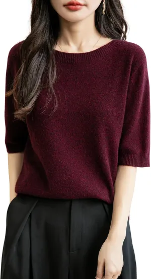 Women's 100% Merino Wool Spring Fall Winter First-Line Ready to Wear Seamless Knit Crewneck Short Sleeve Sweater