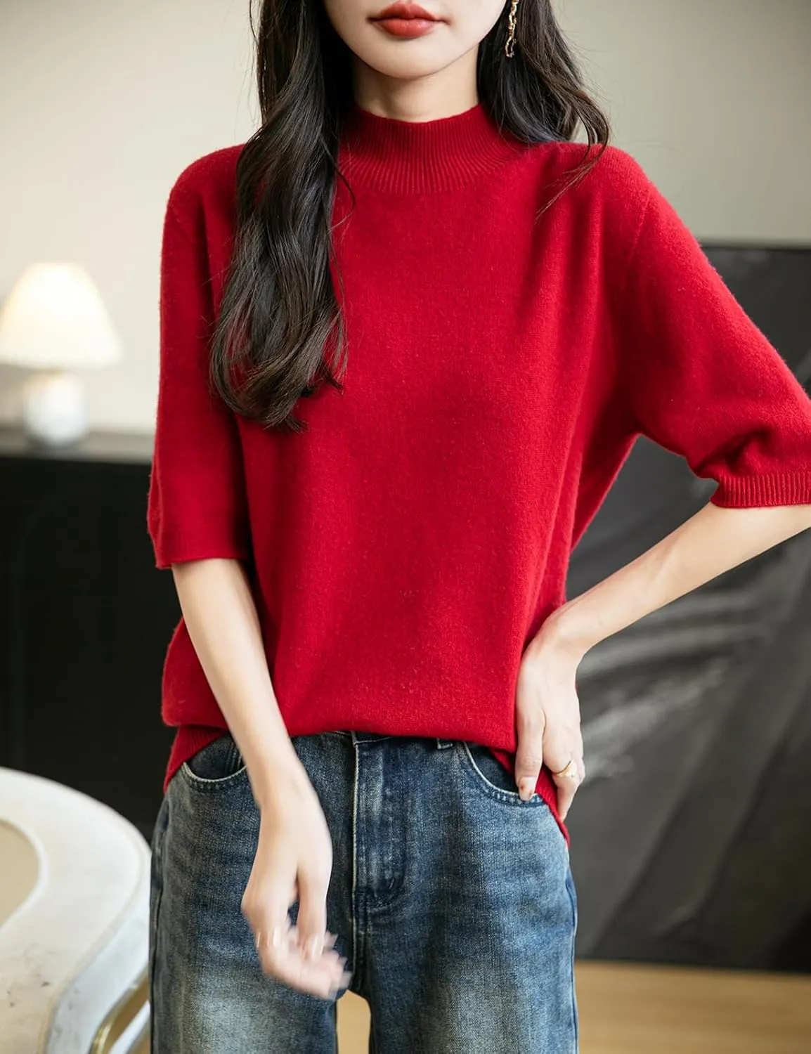 Women's 100% Merino Wool Spring Fall Winter First-Line Ready to Wear Seamless Knit Short Sleeve Mock Neck Sweater