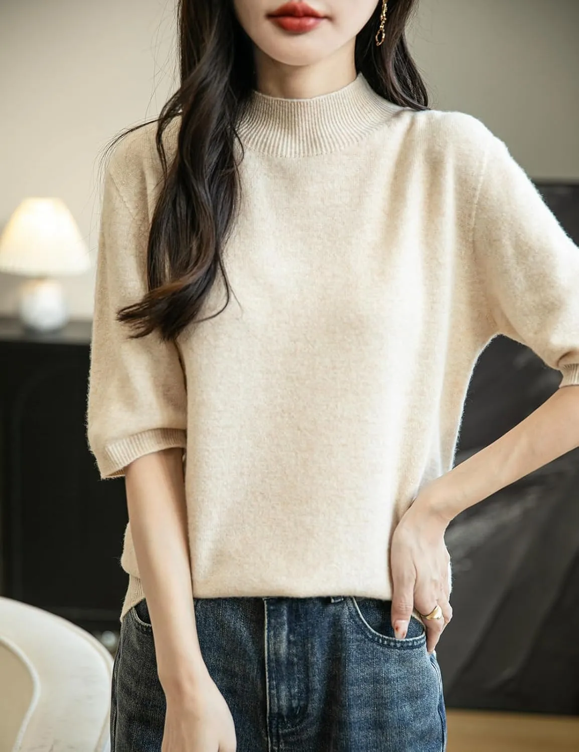 Women's 100% Merino Wool Spring Fall Winter First-Line Ready to Wear Seamless Knit Short Sleeve Mock Neck Sweater