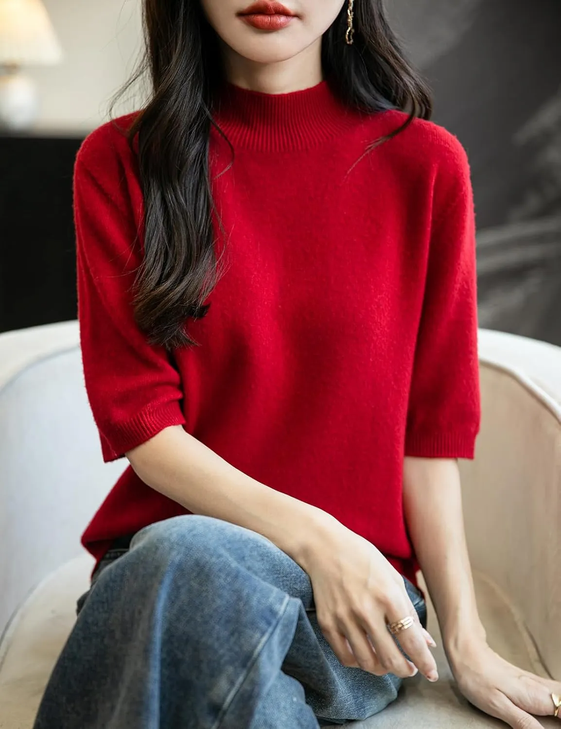 Women's 100% Merino Wool Spring Fall Winter First-Line Ready to Wear Seamless Knit Short Sleeve Mock Neck Sweater