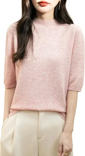Women's 100% Merino Wool Spring Fall Winter First-Line Ready to Wear Seamless Knit Short Sleeve Mock Neck Sweater